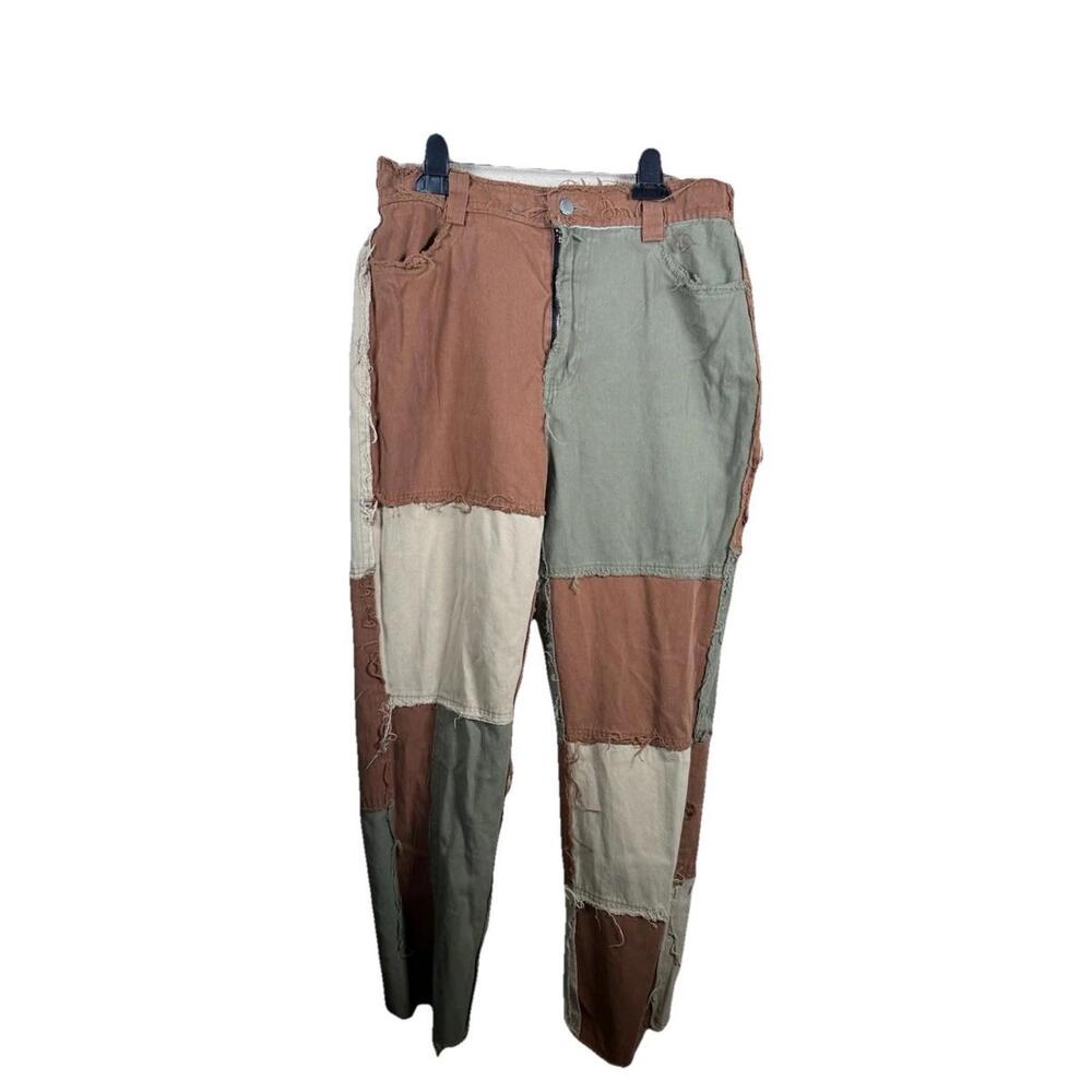 Y2K High Waisted Jean Patchwork Pants Boho Chic Sz L Color Block  Cotton Frayed‎